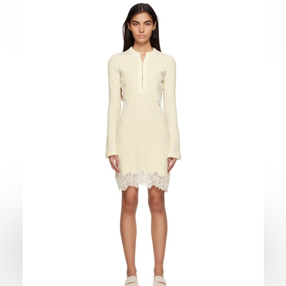 Chloé Cream Knit Long-Sleeve Lace-Trim Dress - Picture 4 of 5
